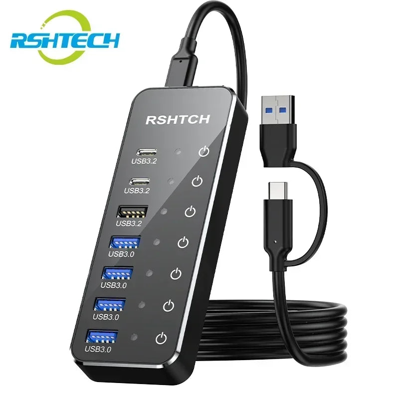 RSHTECH 7-poorts USB C 3.2 Hub actief met voeding - USB 3.1 Gen2 hub met 3 x 10 Gbps poorten (type-A, 2 x Type-C), 3.0 5 Gbps (2* Ty-A, 2* Ty-C RSHTECH 7-poorts USB C 3.2 Hub actief met voeding - USB 3.1 Gen2 hub met 3 x 10 Gbps poorten (type-A, 2 x Type-C), 3.0 5 Gbps (2* Ty-A, 2* Ty-C