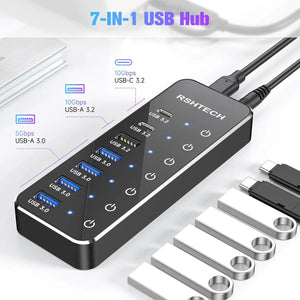 RSHTECH ST07C USB C HUB 7-IN-1 3.2 Gen 2 Type-C Adapter Individual Touch Switches Multiport USB Hubs Splitter for Laptop Macbook