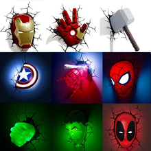 Load image into Gallery viewer, Avengers Series 3D Marvel LED Wall Lamp Living Room Creative Night Light Ironman Hulk Hammer Captain American as Boy&#39;s Gift