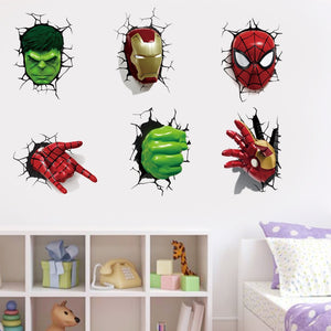 Hulk Iron Hand Mask Spider-man Wall Stickers Broken Wall Poster Wall Art Car Decal Kids Room Decor Boys Favors