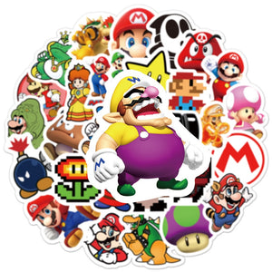 50pcs/set Super Mario Bros Series PVC Cartoon Stickers Cute Game Figure Phone Wall Decoration Sticker Repeat Paste Kid Toy Gift