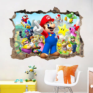 Super Marios 3D Wall Sticker Anime Game Dinosaur Background Wall Decal Wallpaper Bedroom PVC Broken Wall Graffiti Decoration New